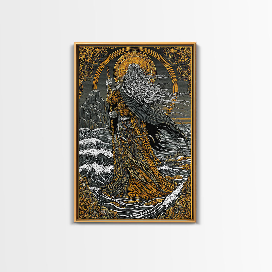 Nordic God Njord Canvas Gold Art, Ocean Deity Norse Mythology Canvas Art for Office Wall or Dad Gift, framed with natural wood