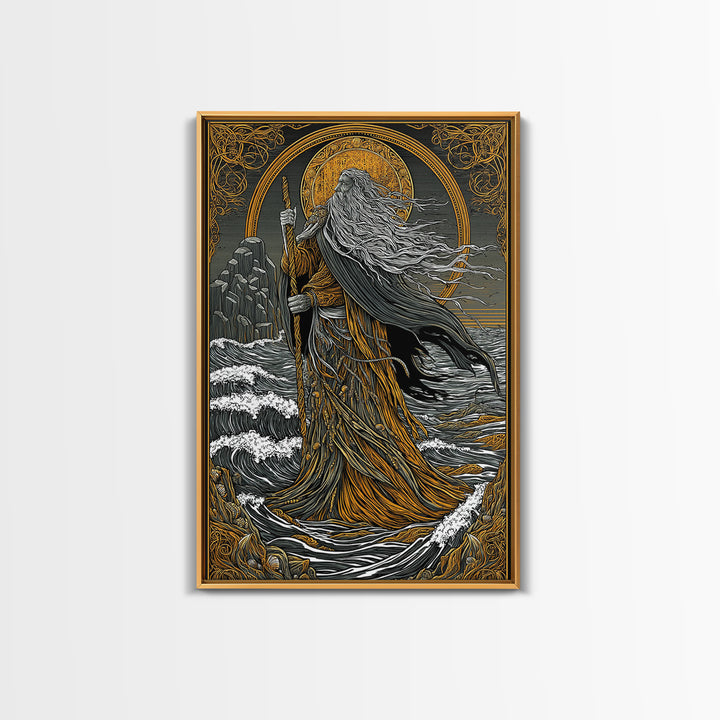 Nordic God Njord Canvas Gold Art, Ocean Deity Norse Mythology Canvas Art for Office Wall or Dad Gift, framed with natural wood