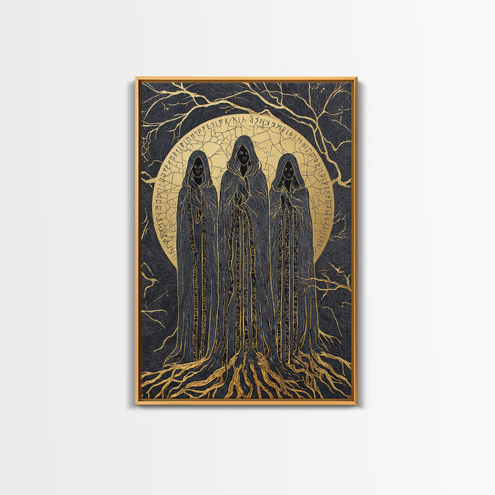 Viking Norns Canvas Gold Art, Nordic Mythology Canvas Art of Fate Goddesses and Runes, Norse Decor framed with natural wood frame