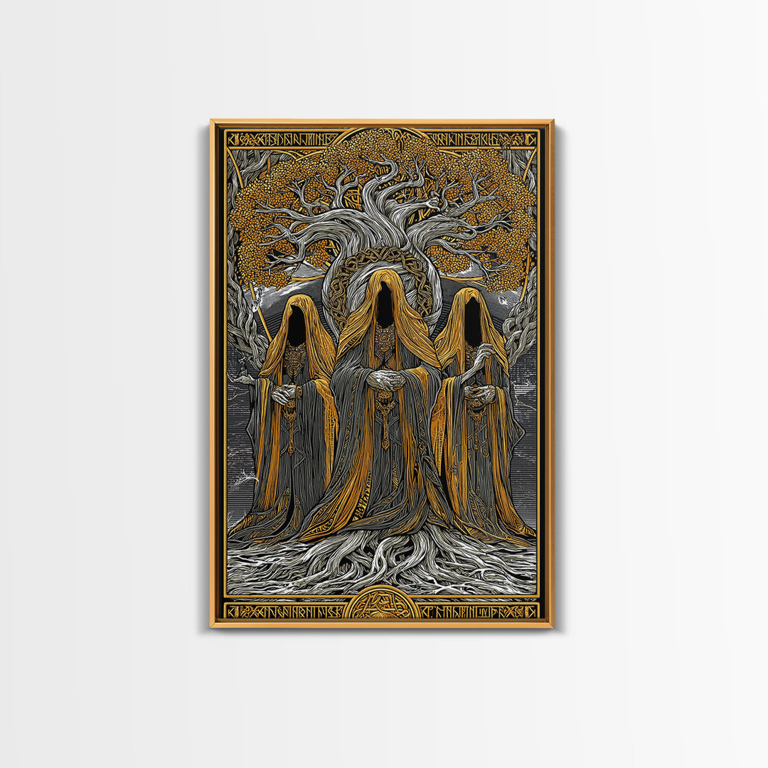 Norns of Yggdrasil Canvas Gold Art, Nordic Mythology Canvas Art featuring Fate and Destiny, Viking Wall Art framed in real wood
