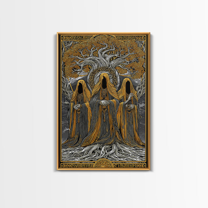 Norns of Yggdrasil Canvas Gold Art, Nordic Mythology Canvas Art featuring Fate and Destiny, Viking Wall Art framed in real wood