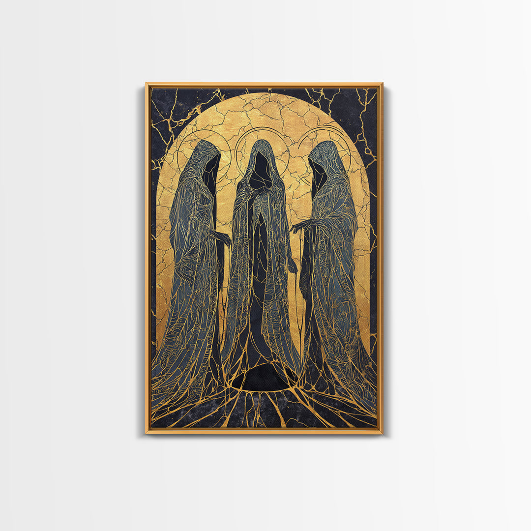 Canvas Gold Art of the Three Norns, Norse Mythology Canvas Art on Yggdrasil Roots, Viking Man Cave Decor in a natural wood frame