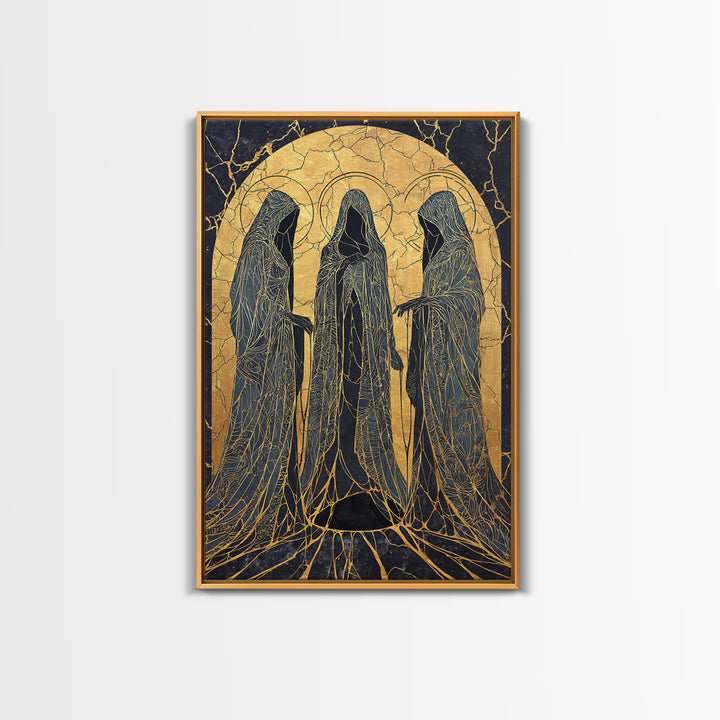 Canvas Gold Art of the Three Norns, Norse Mythology Canvas Art on Yggdrasil Roots, Viking Man Cave Decor in a natural wood frame