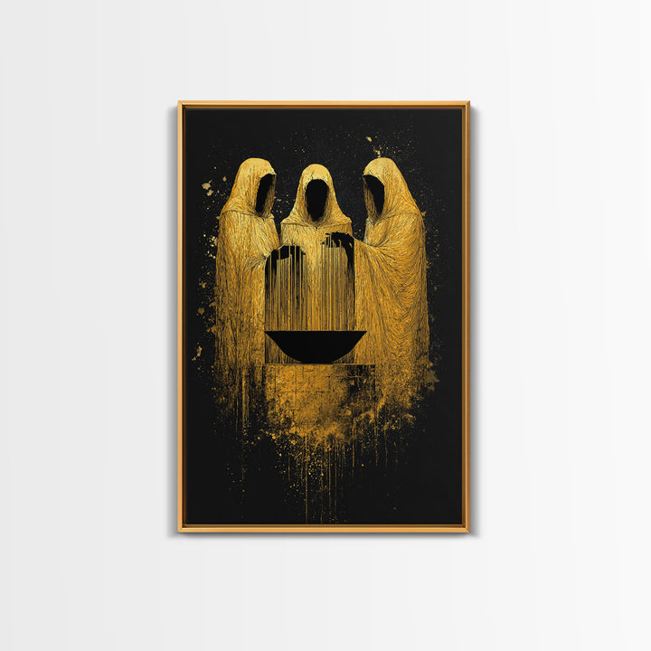 Viking Norns Canvas Gold Art, Nordic Mythology Canvas Art of Fate Goddesses around Sacred Well, Office Decor with natural wood frame