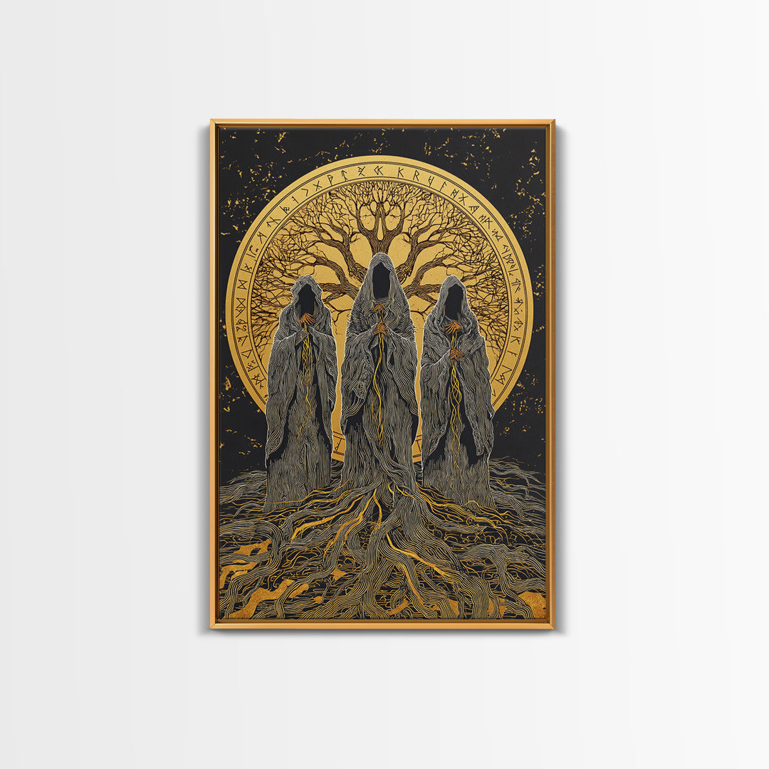 Norns Canvas Gold Art, Norse Mythology Canvas Art of Fate Weavers with Yggdrasil, Viking Office Decor beautifully framed in real wood
