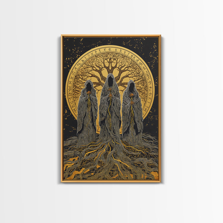 Norns Canvas Gold Art, Norse Mythology Canvas Art of Fate Weavers with Yggdrasil, Viking Office Decor beautifully framed in real wood