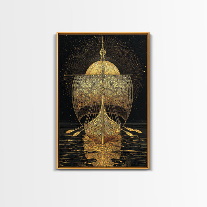Viking Ship Canvas Gold Art Canvas Art Norse Longboat Wall Decor for Man Cave or Office, framed in natural wood
