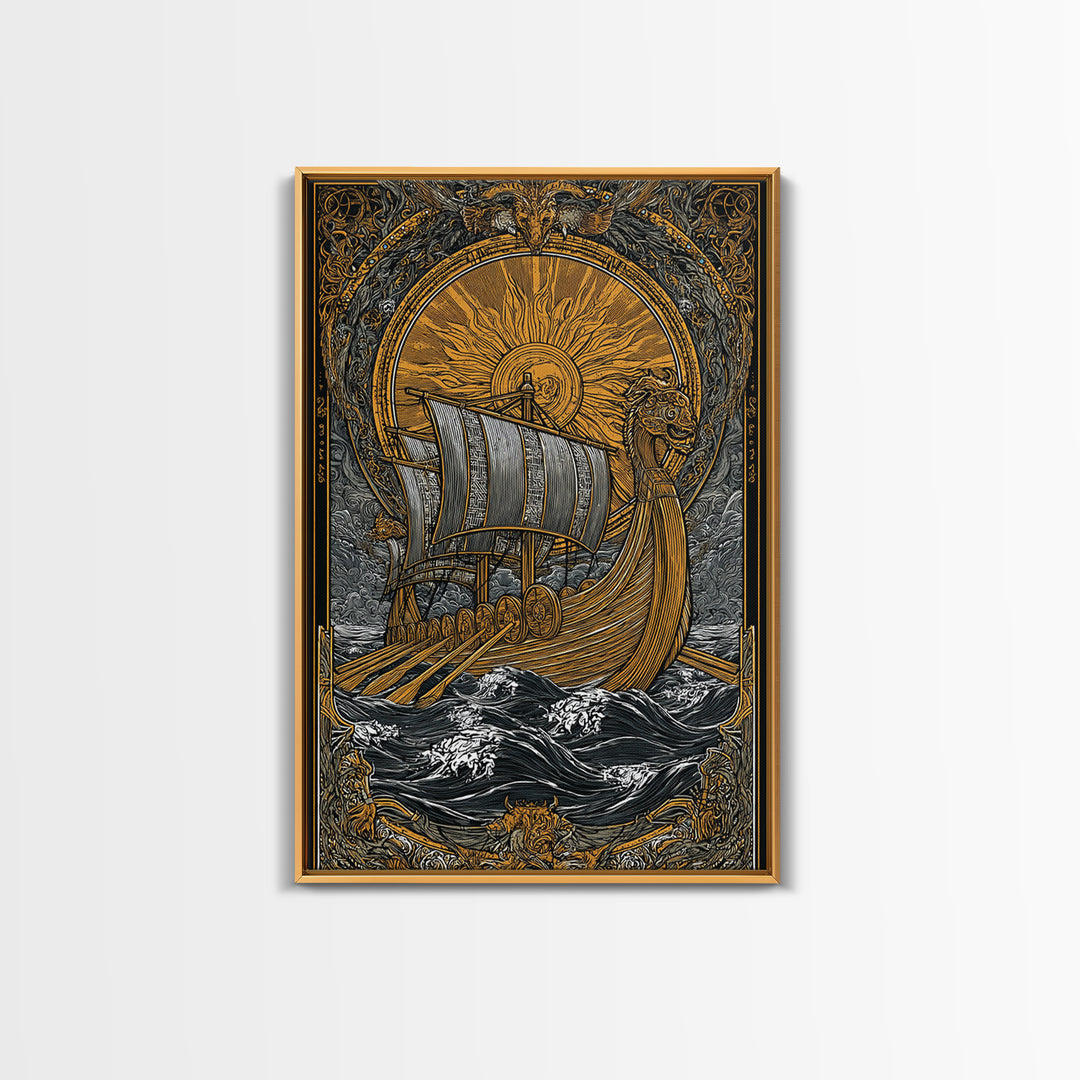 Nordic Sun Viking Ship Canvas Gold Art Canvas Art Norse Mythology Wall Art for Men’s Office or Dad Gift with wood frame