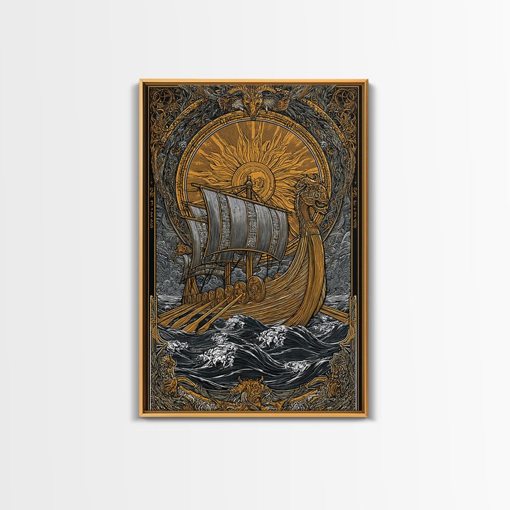 Nordic Sun Viking Ship Canvas Gold Art Canvas Art Norse Mythology Wall Art for Men’s Office or Dad Gift with wood frame