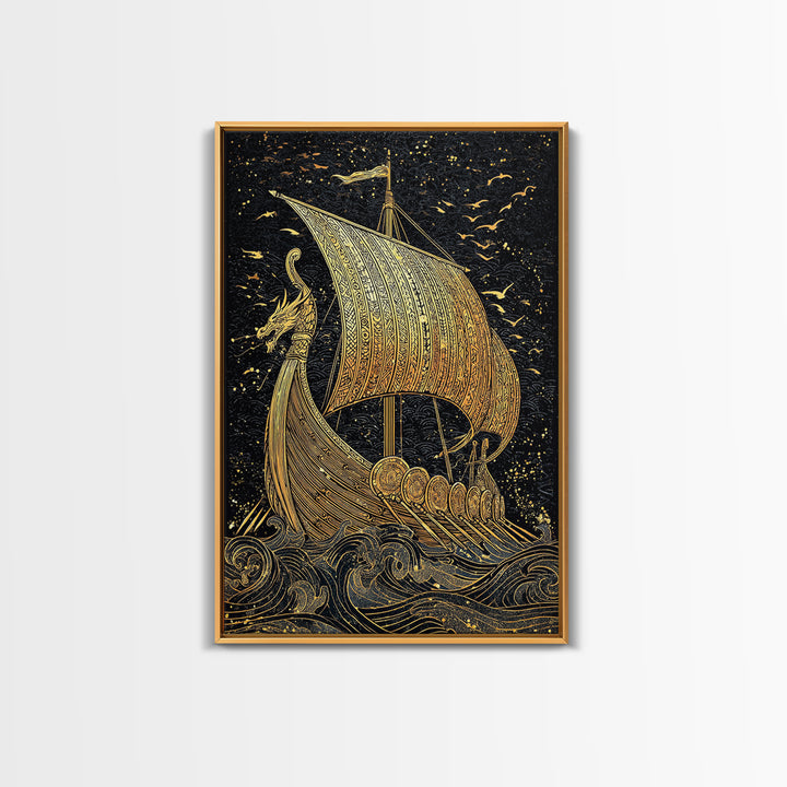 Dragon Head Viking Longship Canvas Gold Art Canvas Art Norse Decor for Man Cave, Office Wall Art framed in real wood