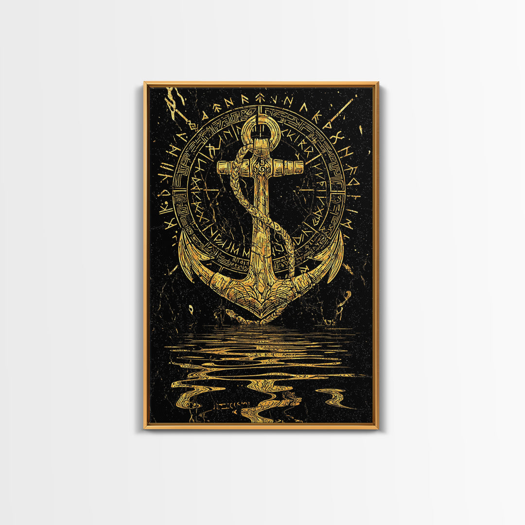 Runic Anchor Canvas Gold Art Canvas Art Norse Mythology Wall Decor for Men’s Office or Man Cave, framed with natural wood