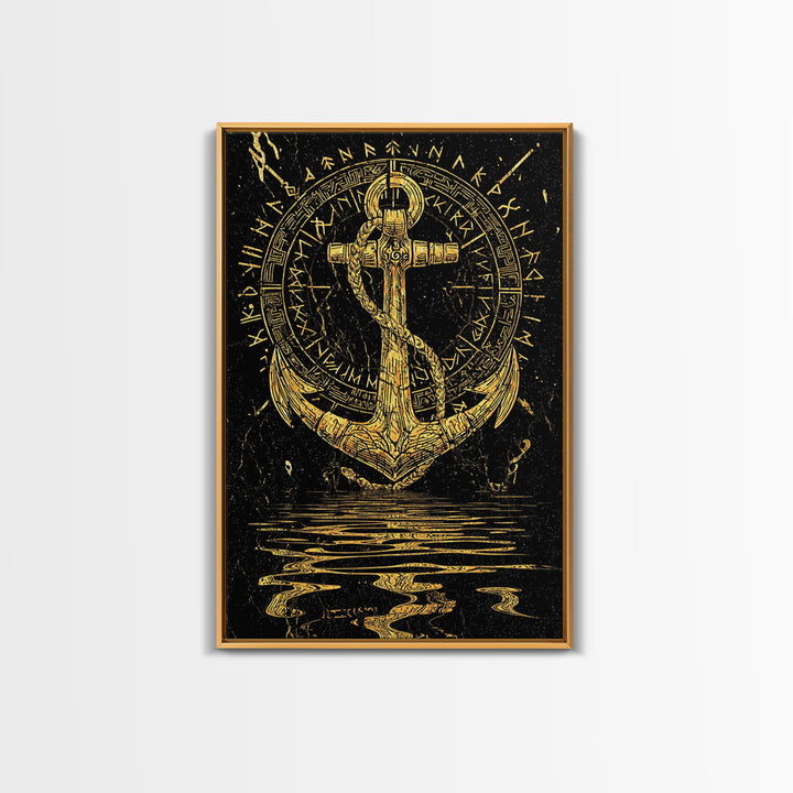 Runic Anchor Canvas Gold Art Canvas Art Norse Mythology Wall Decor for Men’s Office or Man Cave, framed with natural wood