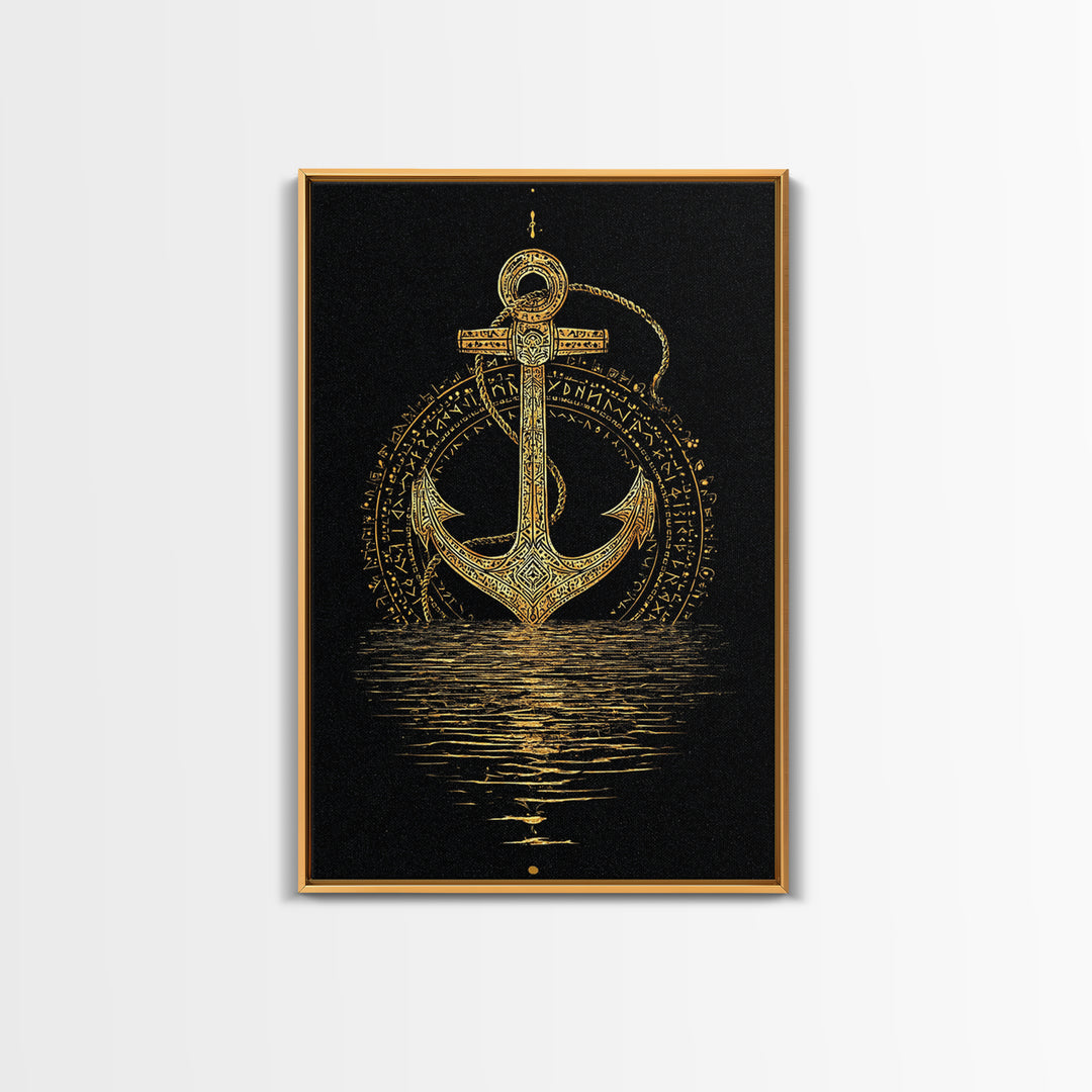 Norse Anchor with Runes Canvas Gold Art Canvas Art Viking Decor for Dad Gift or Office Wall, framed in real wood design