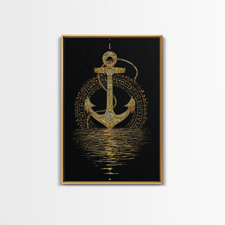 Norse Anchor with Runes Canvas Gold Art Canvas Art Viking Decor for Dad Gift or Office Wall, framed in real wood design