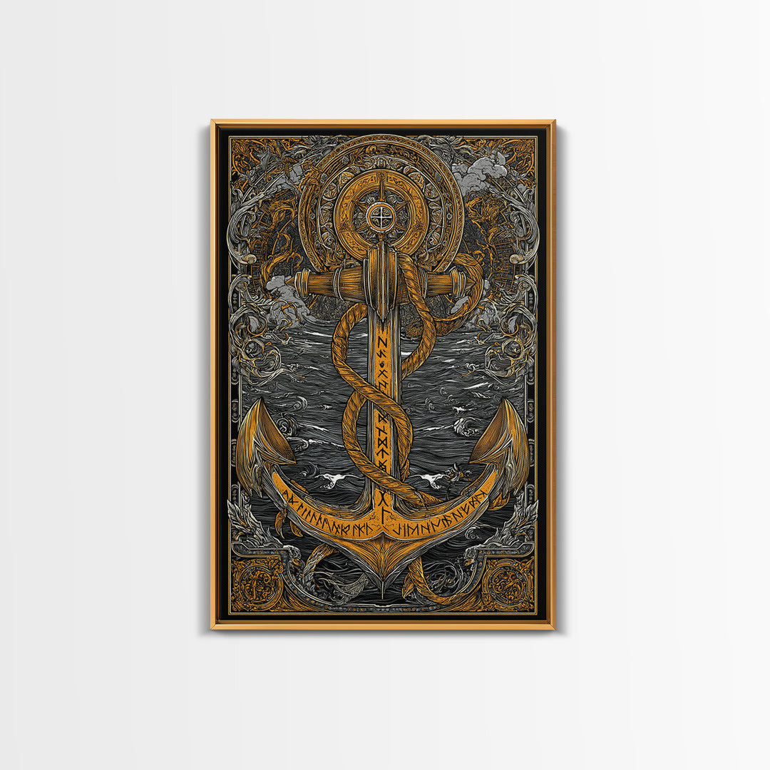 Viking Anchor Canvas Gold Art Canvas Art Nordic Mythology Wall Art for Man Cave, Office Decor with handcrafted wood frame