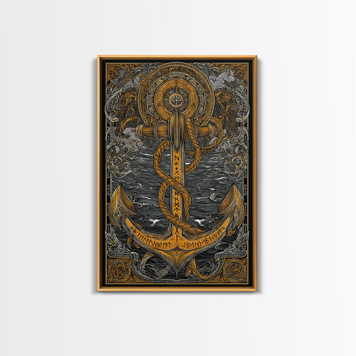 Viking Anchor Canvas Gold Art Canvas Art Nordic Mythology Wall Art for Man Cave, Office Decor with handcrafted wood frame