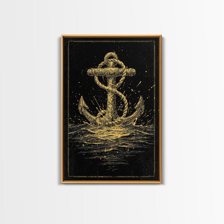 Nordic Anchor Canvas Gold Art Canvas Art Norse Mythology Decor for Office, Man Cave or Dad Gift, framed in real wood