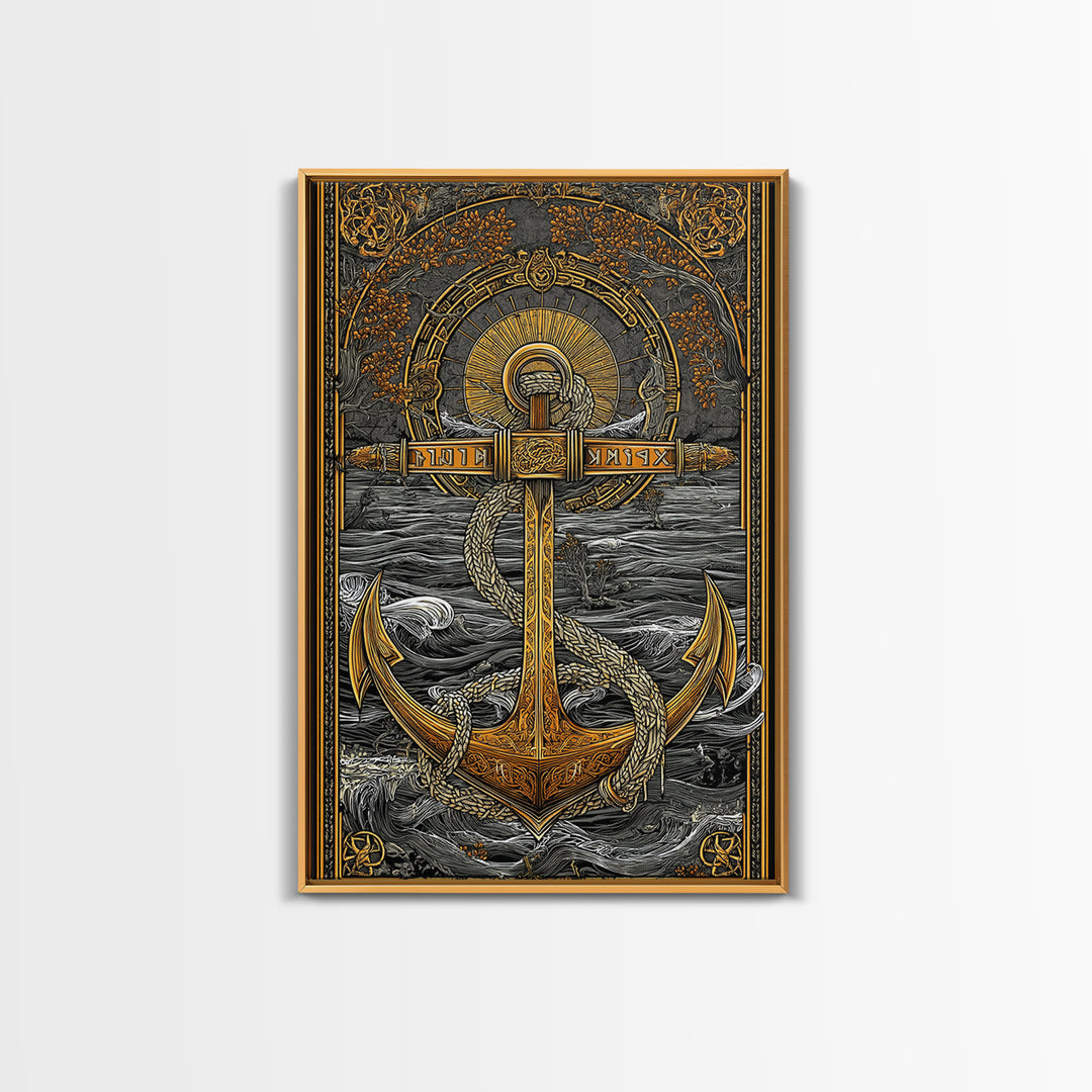 Norse Anchor Wall Art Canvas Gold Art Canvas Art with Runes Viking Decor for Men’s Office or Man Cave framed in wood
