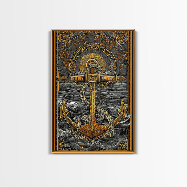 Norse Anchor Wall Art Canvas Gold Art Canvas Art with Runes Viking Decor for Men’s Office or Man Cave framed in wood
