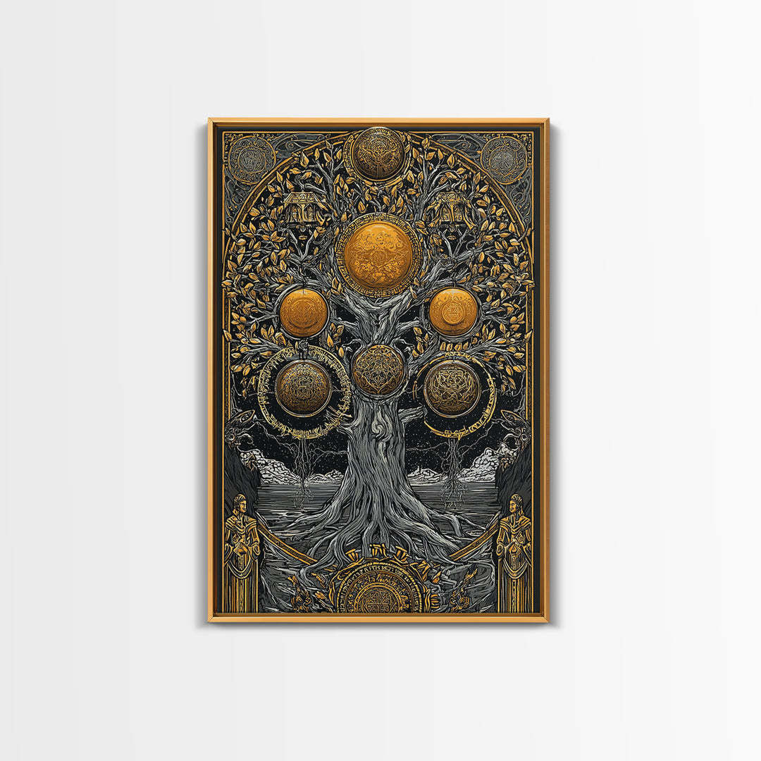 Yggdrasil Norse Tree of Life Canvas Gold Art Canvas Art with Runes Nordic Mythology Wall Decor for Office framed in wood