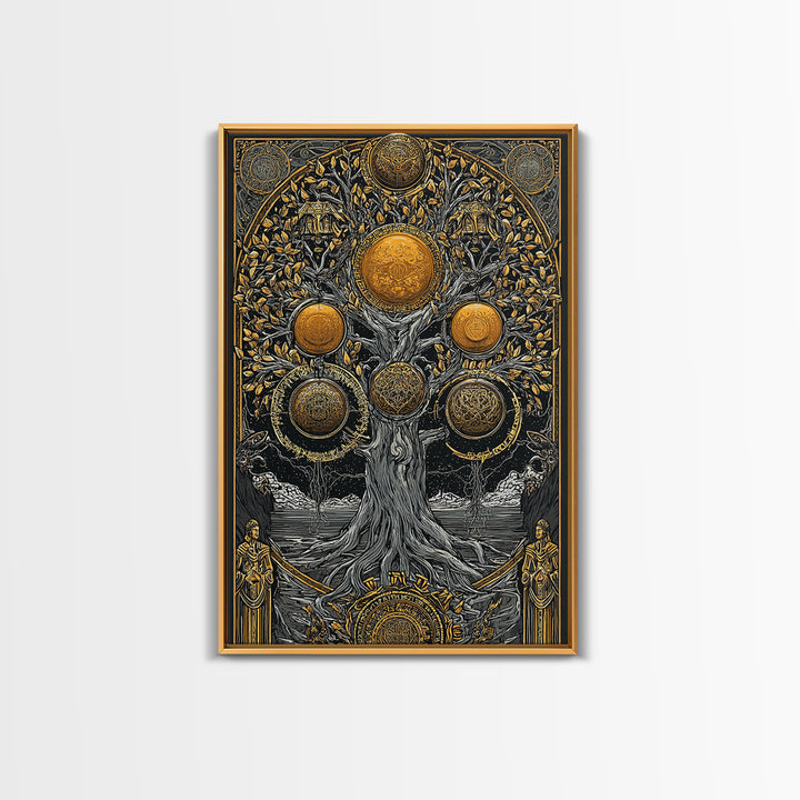 Yggdrasil Norse Tree of Life Canvas Gold Art Canvas Art with Runes Nordic Mythology Wall Decor for Office framed in wood