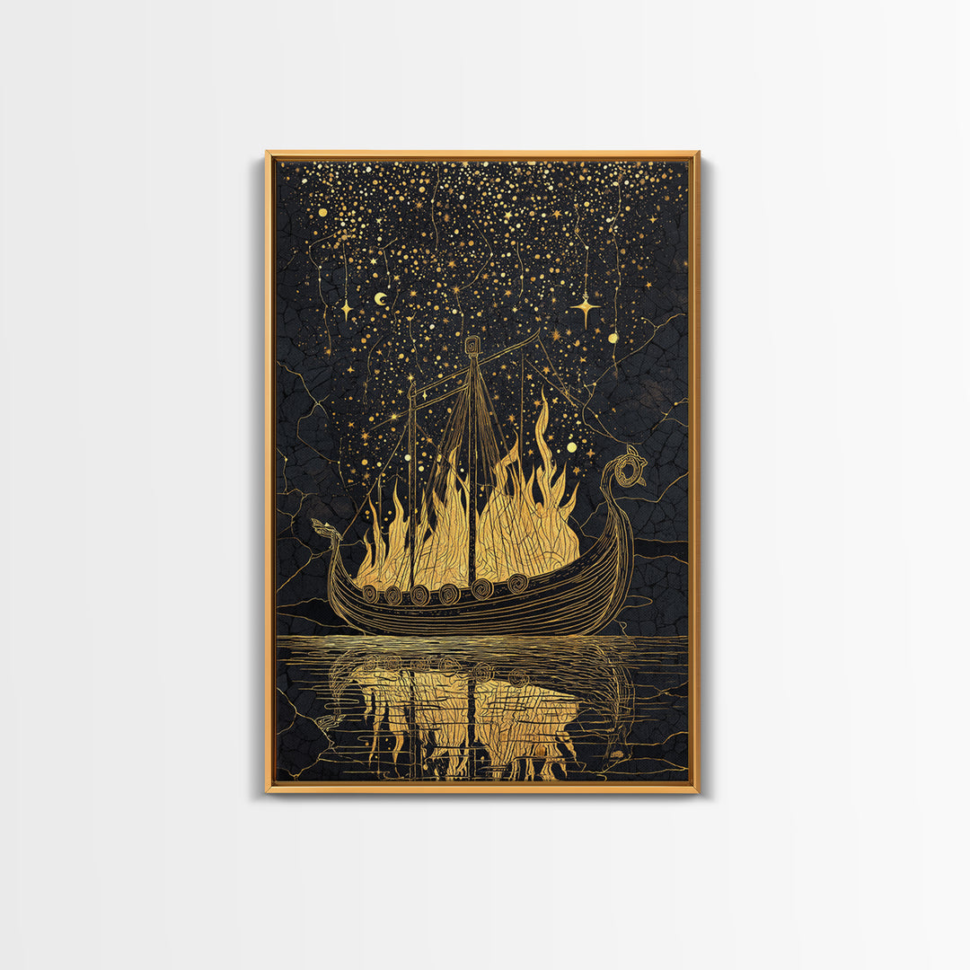 Norse Burial Ship Canvas Gold Art Canvas Art – Viking Funeral Boat Wall Decor, Man Cave Office Artwork framed in real natural wood