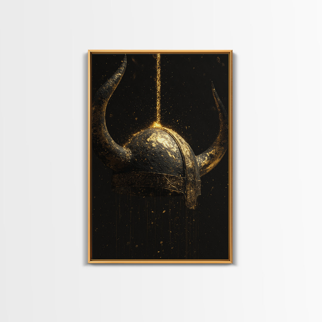 Viking Horned Helmet Canvas Gold Art Canvas Art – Nordic Mythology Man Cave Decor, Bold Office Art framed in genuine real wood