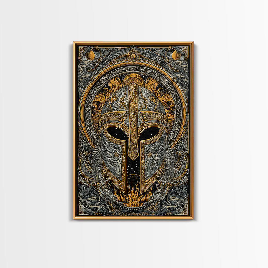 Canvas Gold Art Norse Warrior Helmet Canvas Art – Nordic Mythology Office Wall Decor, Viking Dad Gift framed with authentic wood