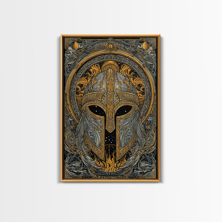 Canvas Gold Art Norse Warrior Helmet Canvas Art – Nordic Mythology Office Wall Decor, Viking Dad Gift framed with authentic wood