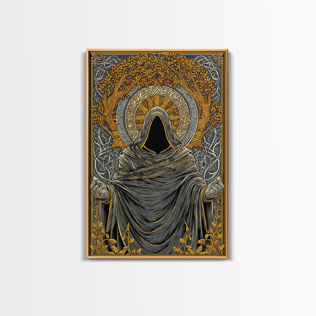 Canvas Gold Art Norse Ritual Hooded Figure Canvas Art – Viking Seer Man Cave Office Decor, Nordic Myth Gift framed with real wood