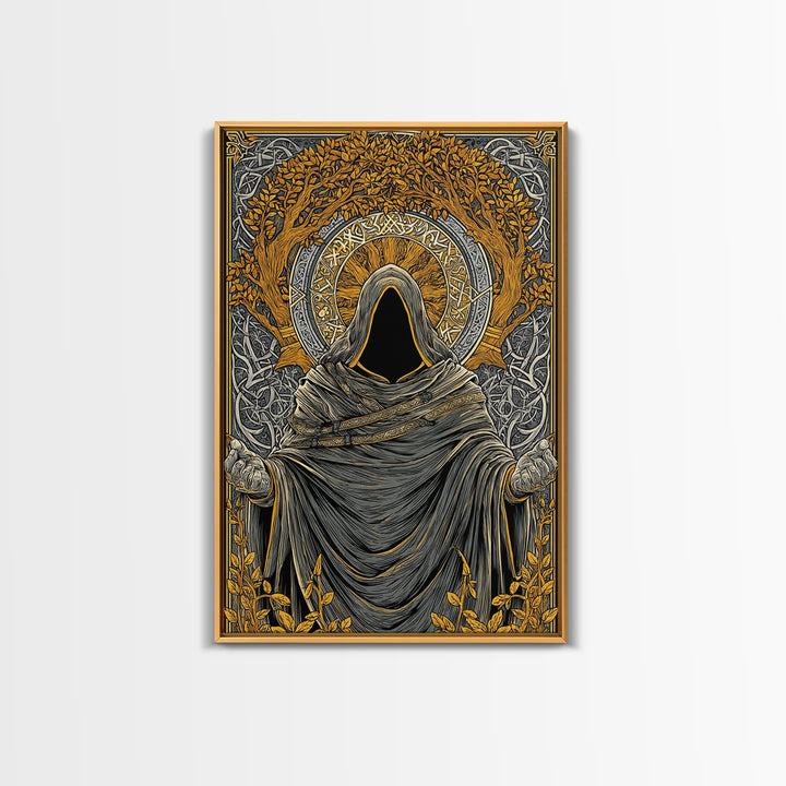 Canvas Gold Art Norse Ritual Hooded Figure Canvas Art – Viking Seer Man Cave Office Decor, Nordic Myth Gift framed with real wood