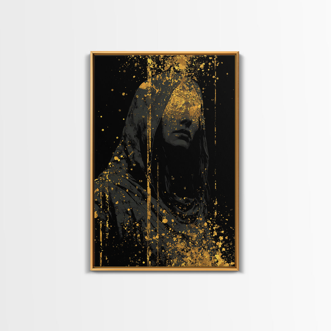 Nordic Hooded Seer Canvas Gold Art Canvas Art – Norse Mythology Office Wall Art, Mystic Viking Decor in handcrafted wood frame