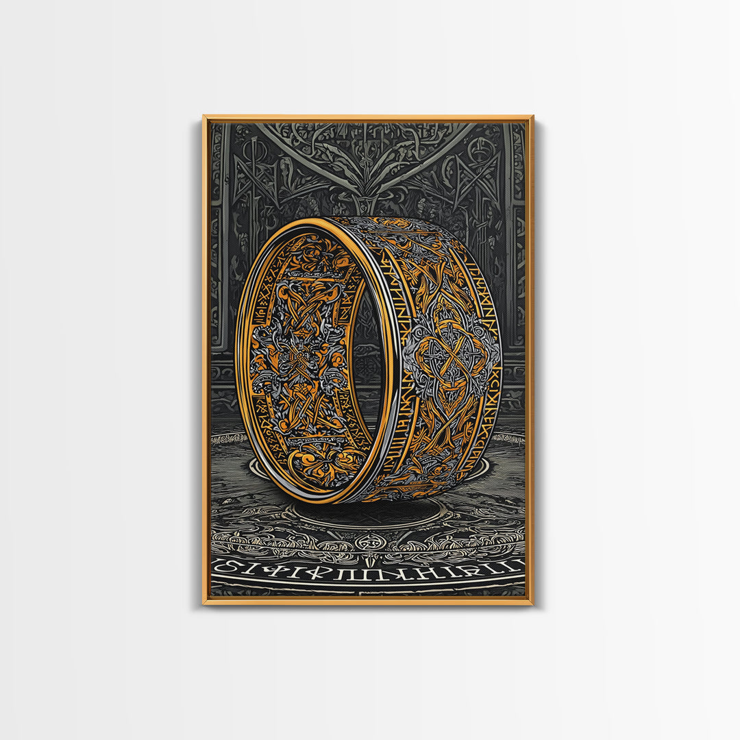 Canvas Gold Art Ornate Norse Ring Canvas Art – Nordic Mythology Viking Jewelry Wall Art, Unique Dad Gift framed with natural wood
