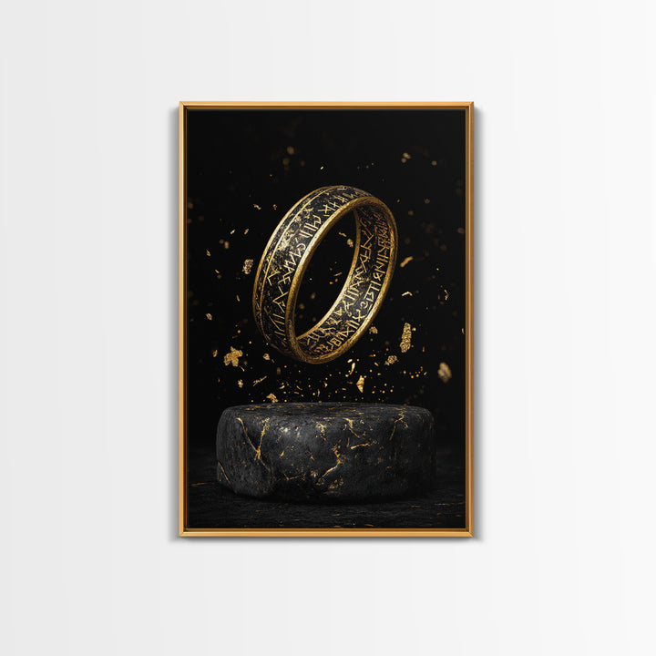Viking Rune Ring Canvas Gold Art Canvas Art – Nordic Mythology Office Wall Art, Norse Man Cave Decor with handcrafted real wood frame
