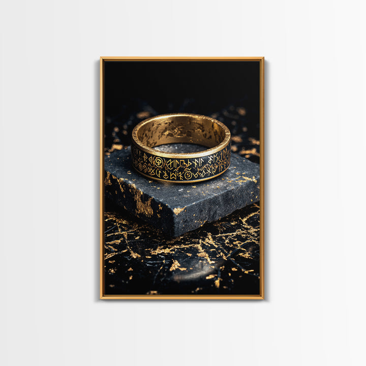 Norse Rune Ring Canvas Gold Art Canvas Art – Viking Jewelry Inspired Office Wall Art, Nordic Man Cave Decor framed in wood frame