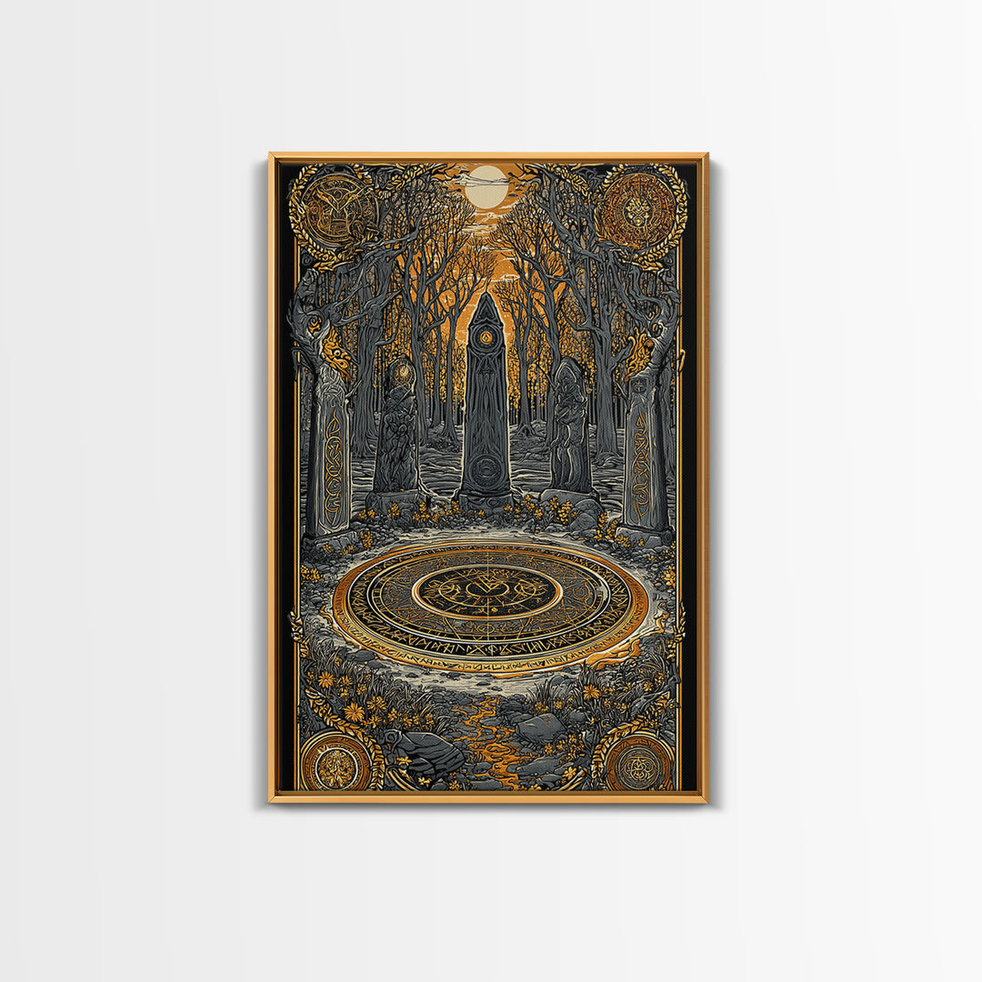 Nordic Ritual Circle Canvas Gold Art, Viking Pagan Canvas Art for Man Cave or Office, framed in natural wood for bold decor