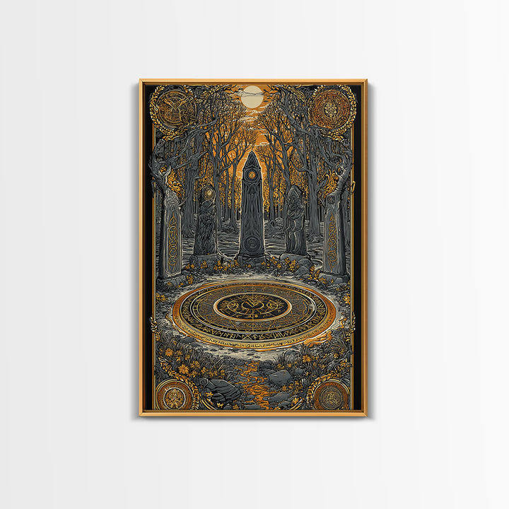 Nordic Ritual Circle Canvas Gold Art, Viking Pagan Canvas Art for Man Cave or Office, framed in natural wood for bold decor