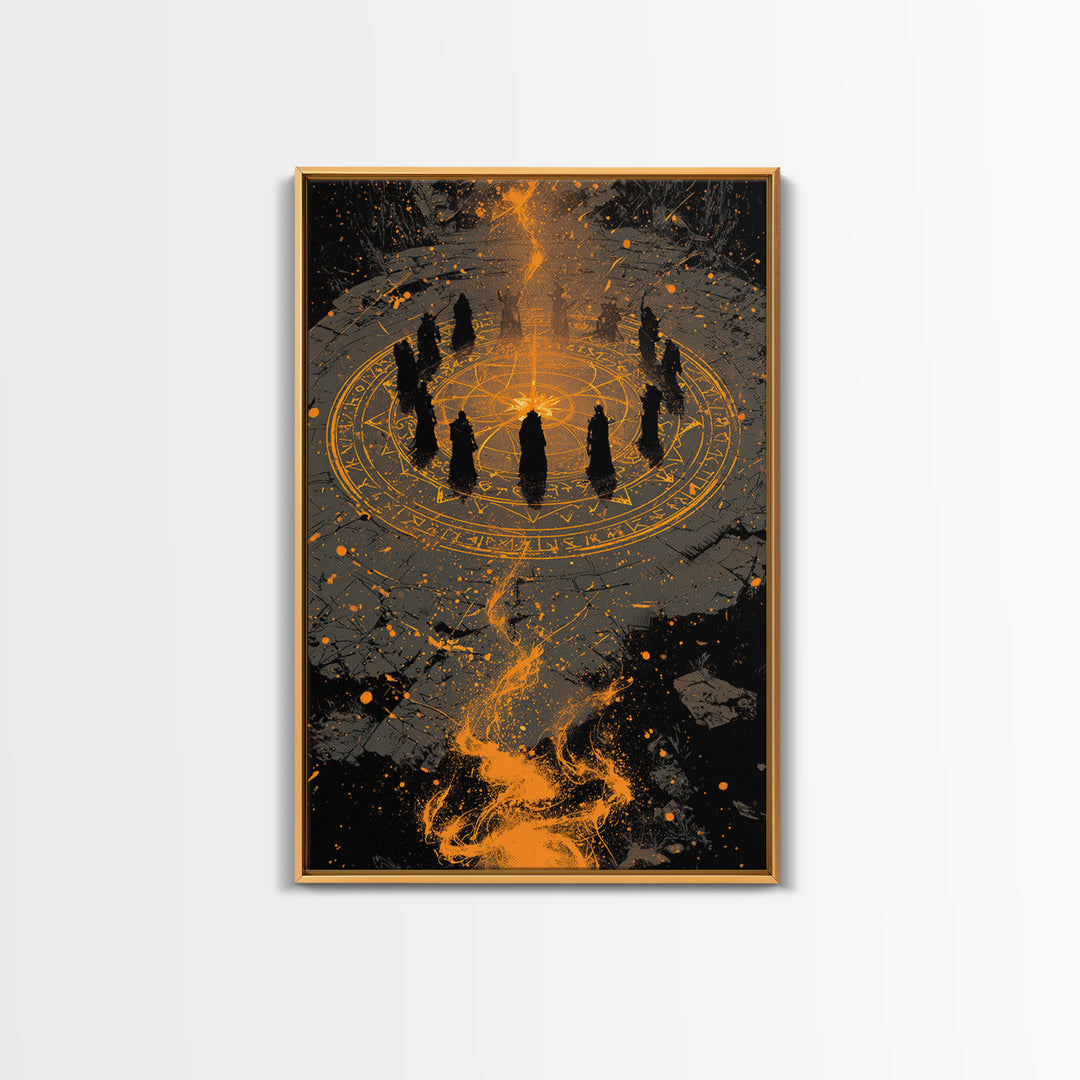 Mystical Norse Ritual Gathering Canvas Gold Art, Viking Pagan Canvas Art Wall Hanging with real wood frame, Dad Gift or Office Art