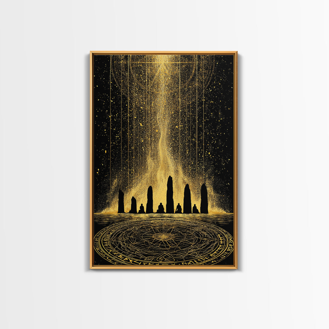 Canvas Gold Art Norse Ritual Stone Circle Canvas Art – Viking Ceremony Wall Art, Nordic Office Decor for Men framed in natural wood