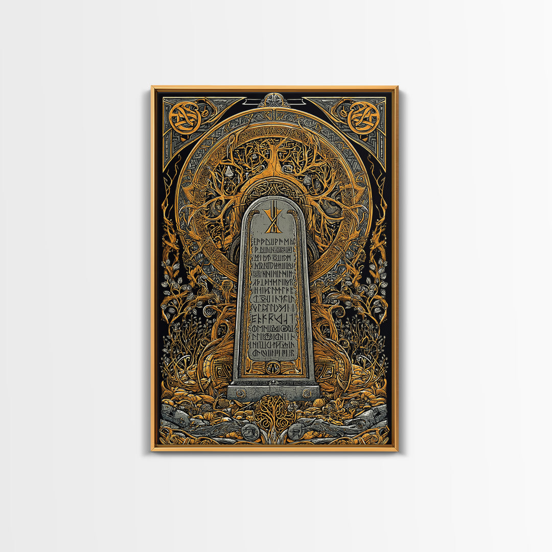 Runestone Engraved with Ancient Runes Canvas Gold Art, Nordic Mythology Canvas Art framed in real wood, Man Cave or Office Decor