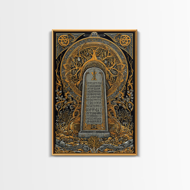 Runestone Engraved with Ancient Runes Canvas Gold Art, Nordic Mythology Canvas Art framed in real wood, Man Cave or Office Decor