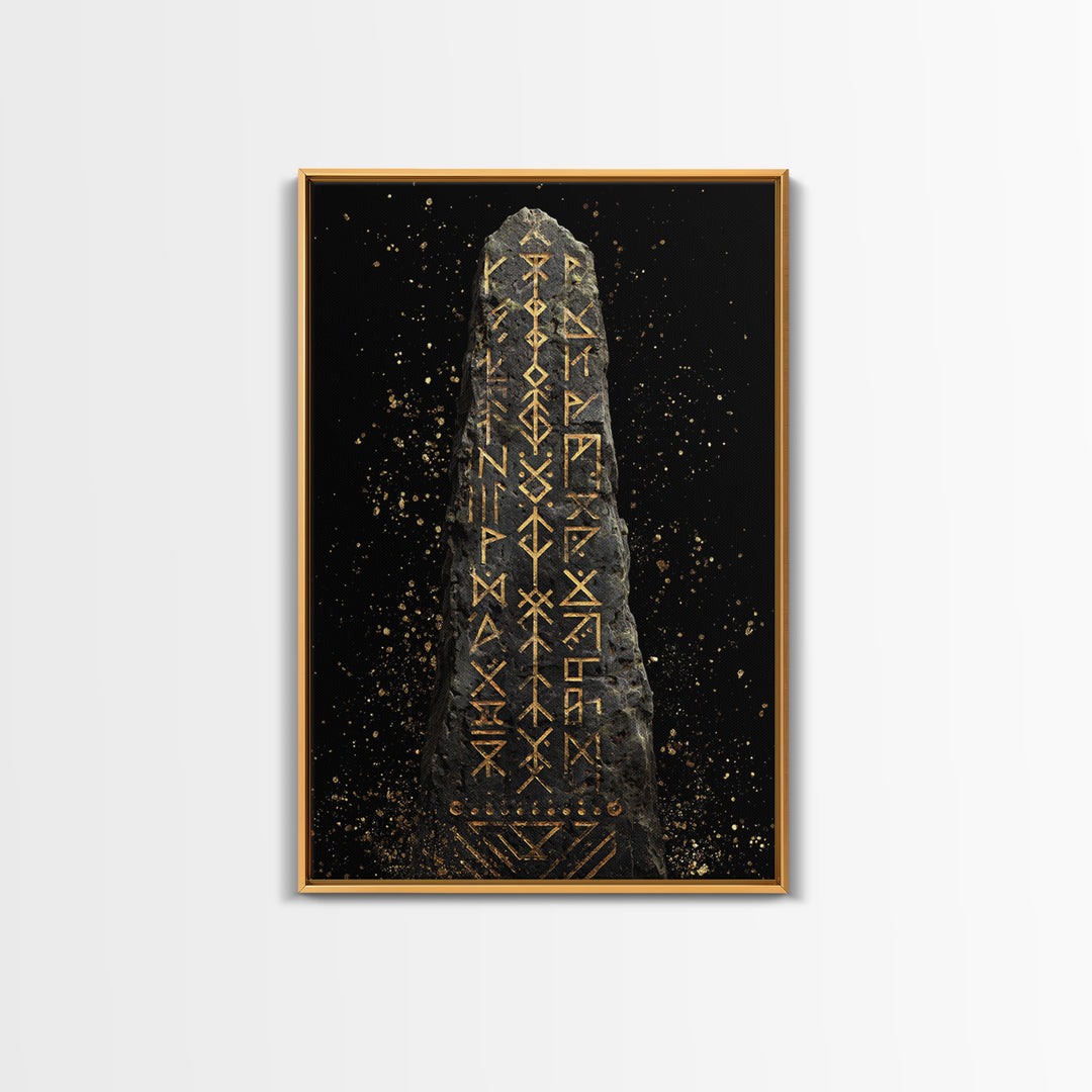 Golden Norse Rune Stone Canvas Gold Art, Mythology Inspired Viking Canvas Art framed in real wood, Office Art or Man Cave Accent