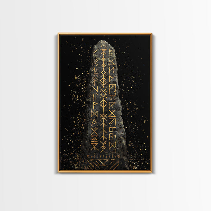 Golden Norse Rune Stone Canvas Gold Art, Mythology Inspired Viking Canvas Art framed in real wood, Office Art or Man Cave Accent