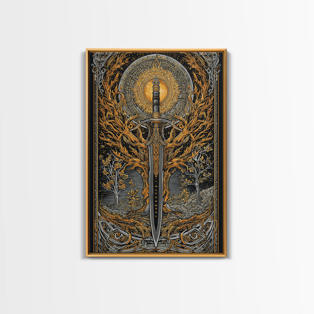 Viking Spear and Sacred Sun Canvas Gold Art, Nordic Weapon Canvas Art framed in natural wood, Bold Man Cave Decor or Office Wall Art
