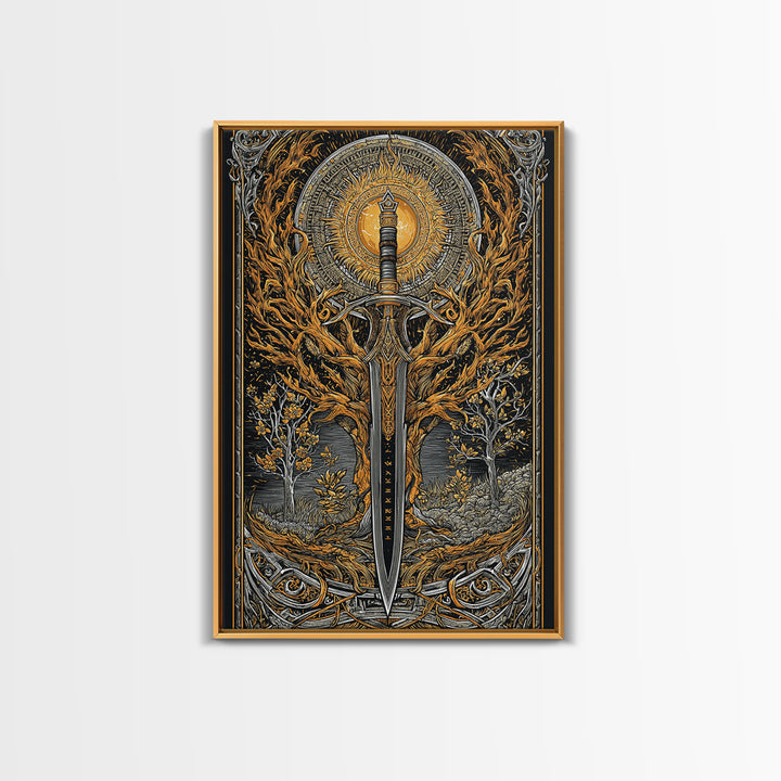 Viking Spear and Sacred Sun Canvas Gold Art, Nordic Weapon Canvas Art framed in natural wood, Bold Man Cave Decor or Office Wall Art