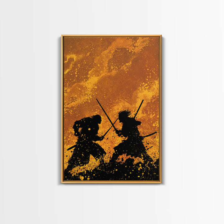Viking Army Fight Scene Canvas Gold Art, Nordic Mythology Battle Canvas Art framed in natural wood, Bold Wall Decor for Men