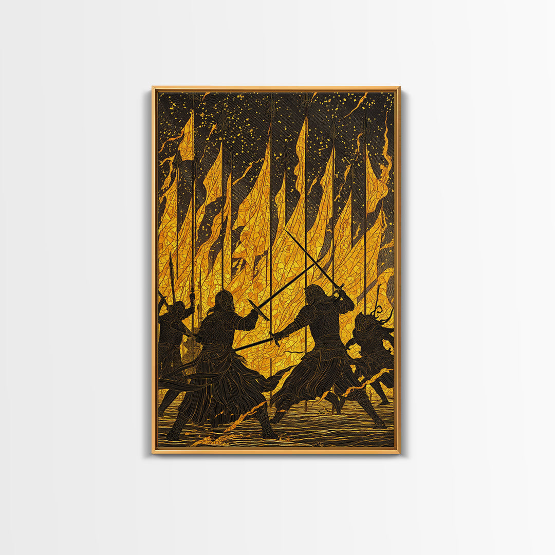 Warriors Clash in Fiery Nordic Battle Canvas Gold Art, Viking Combat Canvas Art framed with real wood, Man Cave Office Wall Accent