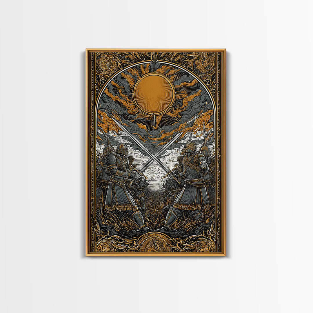Nordic Mythology Battlefield Canvas Gold Art, Viking Warriors Canvas Art with natural wood frame, Strong Office Decor or Dad Gift