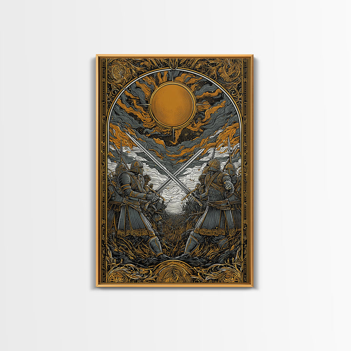 Nordic Mythology Battlefield Canvas Gold Art, Viking Warriors Canvas Art with natural wood frame, Strong Office Decor or Dad Gift