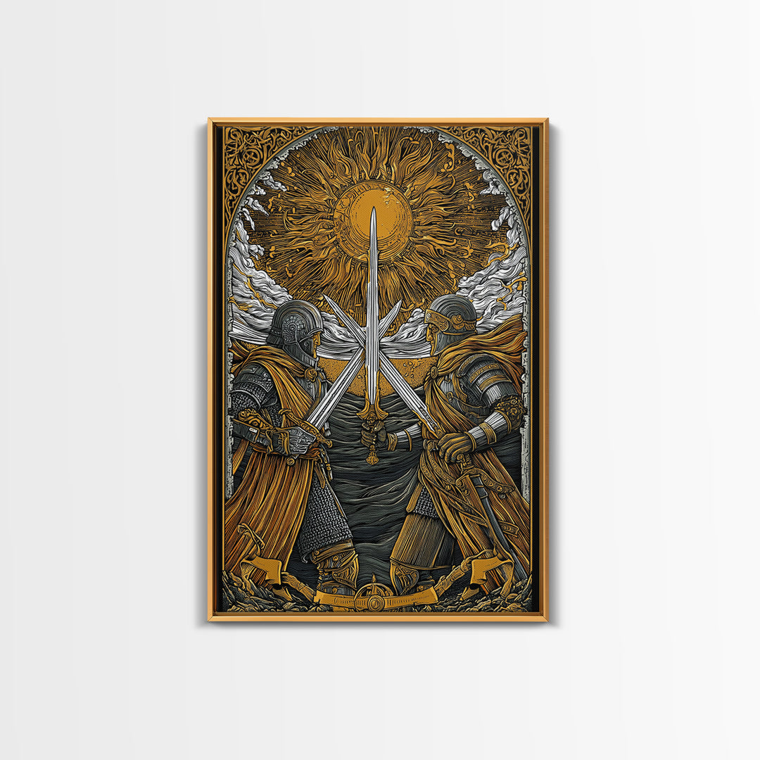 Norse Warriors in Battle Canvas Gold Art, Viking Canvas Art with real wood frame, Perfect for Man Cave, Office Wall Art, or Dad Gift